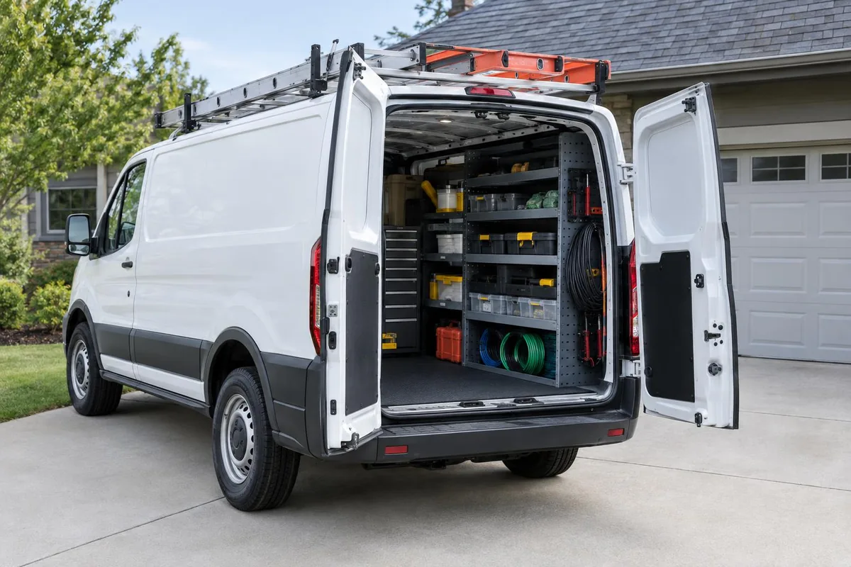 White work van with the rear doors open, showing shelves of tools, wire spools and a ladder rack, parked in a driveway