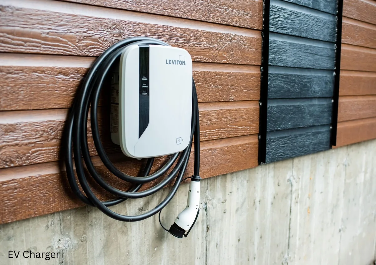 Leviton EV charger mounted on brown wood siding above a concrete foundation, with the charging cable coiled on the unit